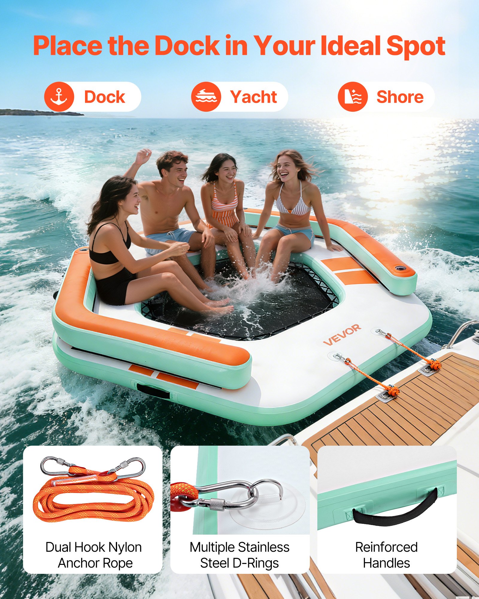 VEVOR Opblaasbaar Drijvend Steiger, 2,6 x 2,6 m, Drijvend Platform met Antislipoppervlak, Draagtas & Afneembare Ladder, Drijvend Eiland, Waterplatform voor Zwembad, Strand & Zee, Blauw