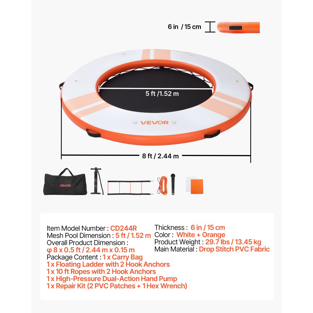 VEVOR Opblaasbaar Drijvend Dok, φ2,44 m, Drijvend Platform met Antislipoppervlak, Draagtas & Afneembare Ladder, Drijvend Eiland, Waterplatform voor Zwembad, Strand & Zee, Oranje