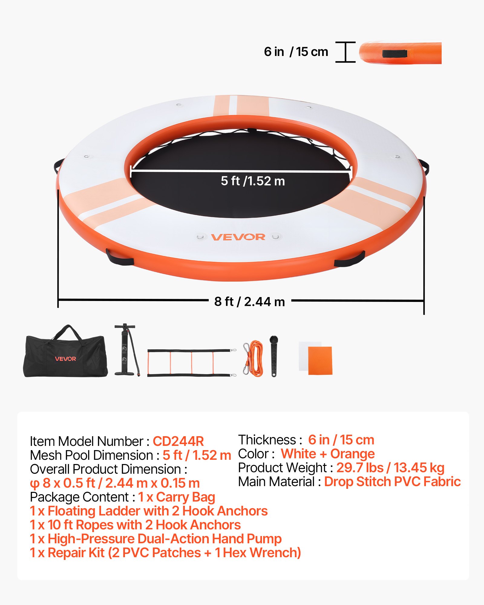VEVOR Opblaasbaar Drijvend Dok, φ2,44 m, Drijvend Platform met Antislipoppervlak, Draagtas & Afneembare Ladder, Drijvend Eiland, Waterplatform voor Zwembad, Strand & Zee, Oranje