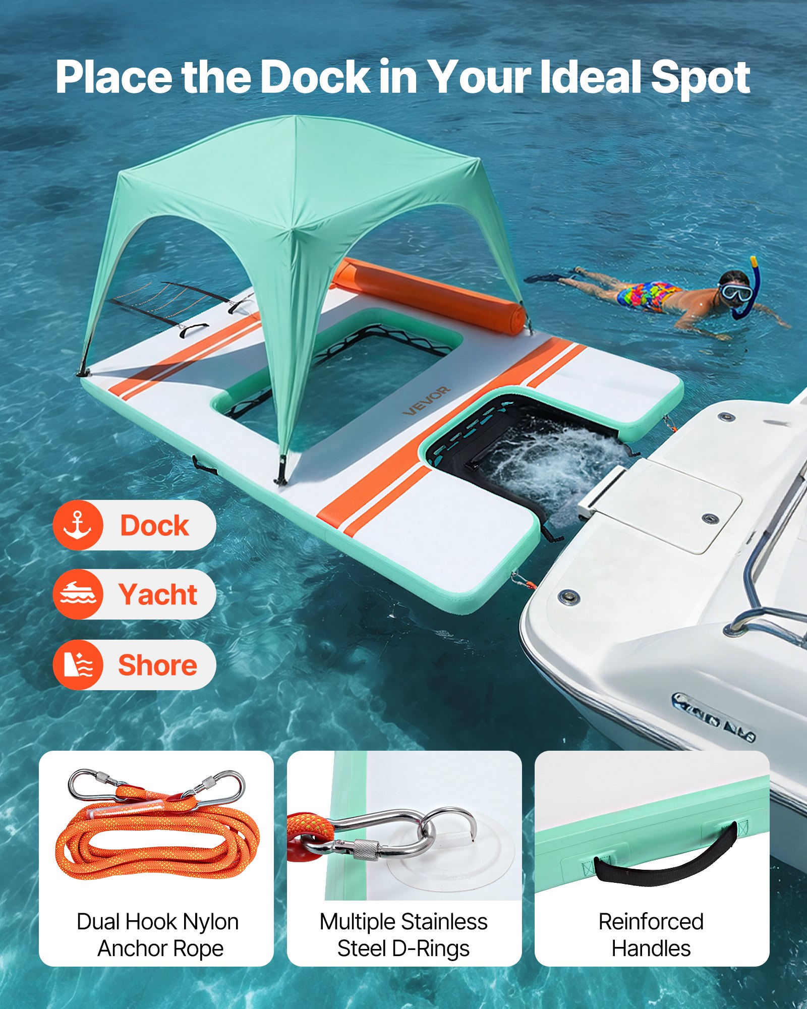 VEVOR Opblaasbaar Drijvend Steiger, 3,05 x 1,83 m, Drijvend Platform met Antislipoppervlak, Draagtas, Zonnescherm & Afneembare Ladder, Drijvend Eiland, Waterplatform voor Zwembad, Strand & Zee