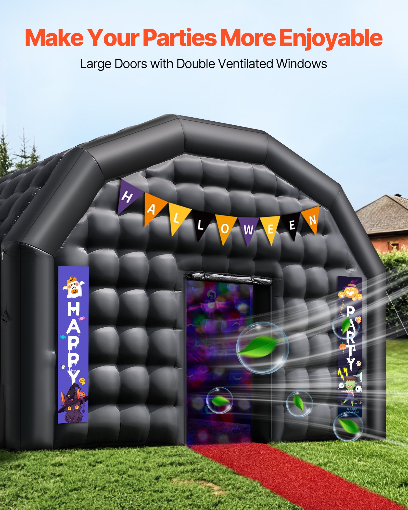 VEVOR Opblaasbare feesttent 9x6x4 m, kubustent voor discotheek, paviljoen bruiloftstent met 1100 W blower, zandzak, 2 ramen voor evenementen, verjaardagen, bruiloften, zwart