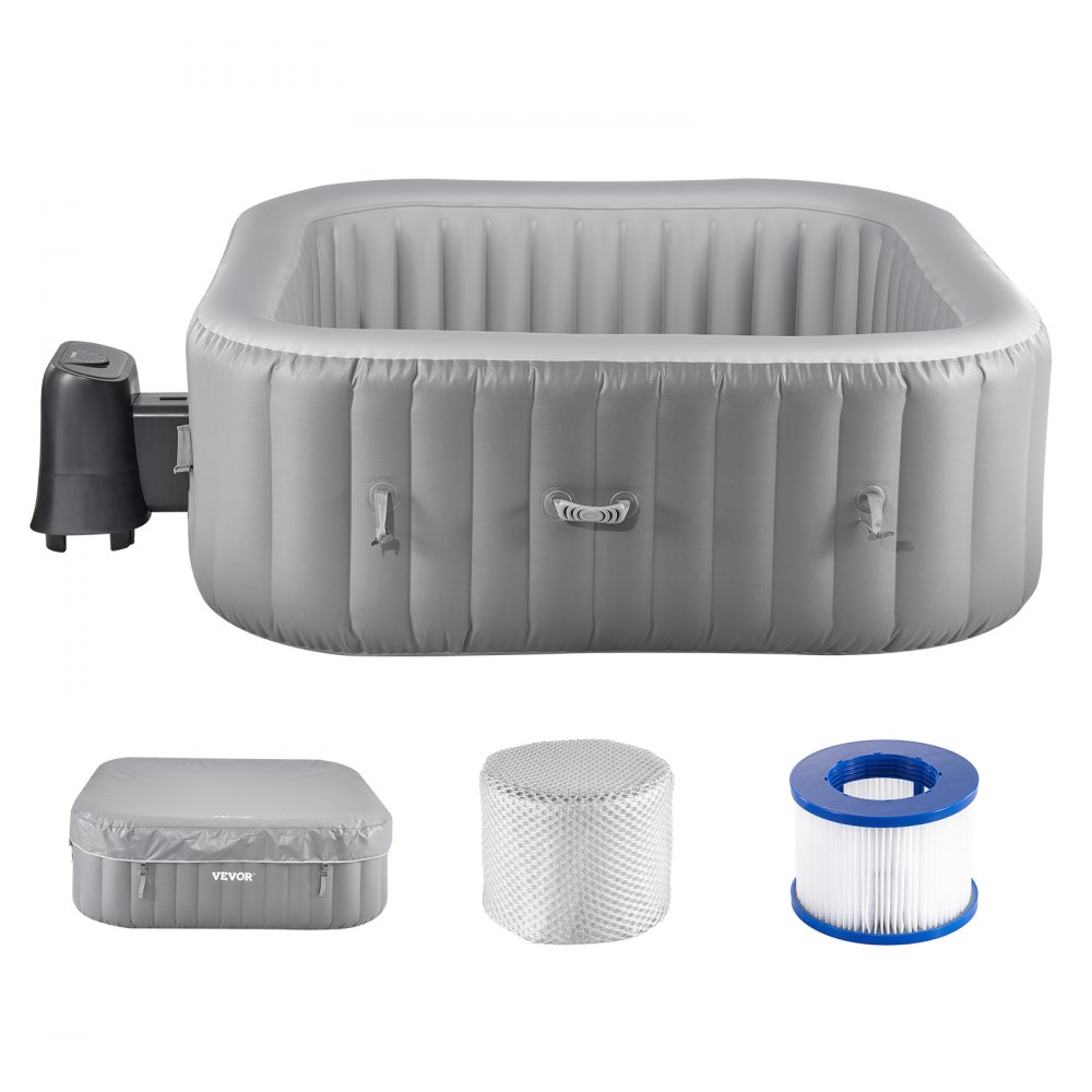 VEVOR Inflatable Hot Tub, 4 to 6 Person Capacity, 1850 x 660mm Square Portable Outdoor Spa, with 130 Soothing Jets, Filter, Cover and Mat, Multi-function Control Panel, PVC Outdoor Hot Tub, Grey