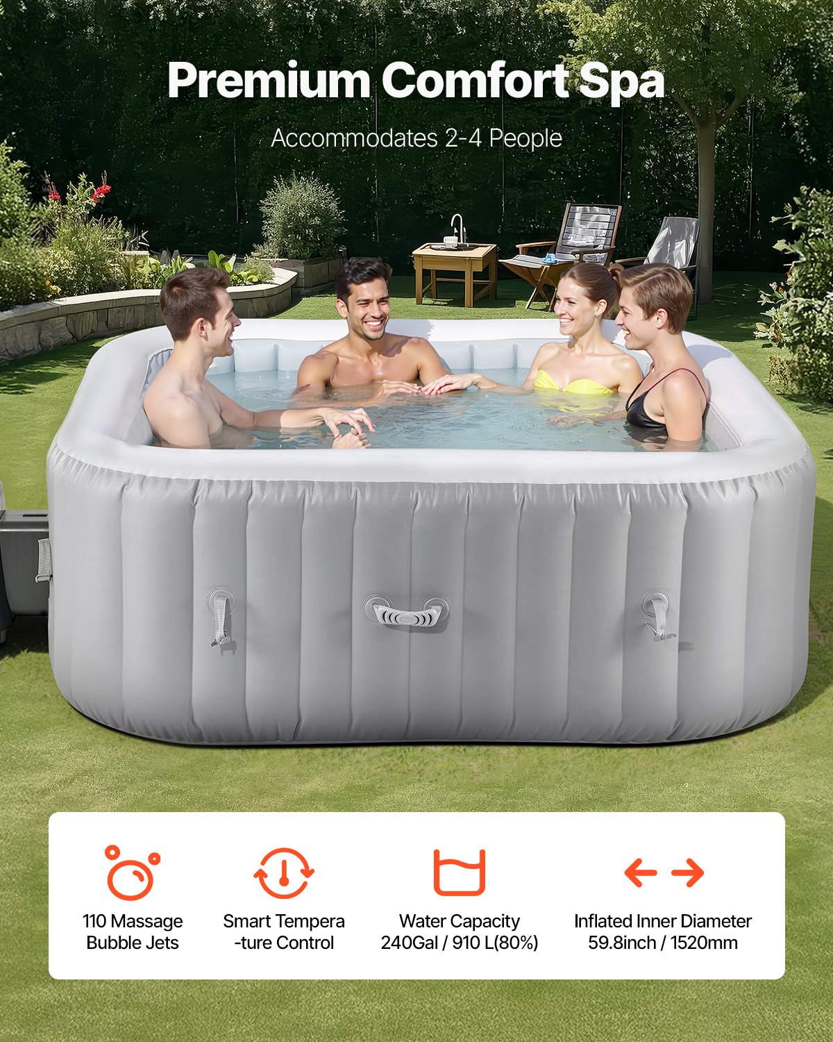 VEVOR Inflatable Hot Tub, 4 to 6 Person Capacity, 1850 x 660mm Square Portable Outdoor Spa, with 130 Soothing Jets, Filter, Cover and Mat, Multi-function Control Panel, PVC Outdoor Hot Tub, Grey