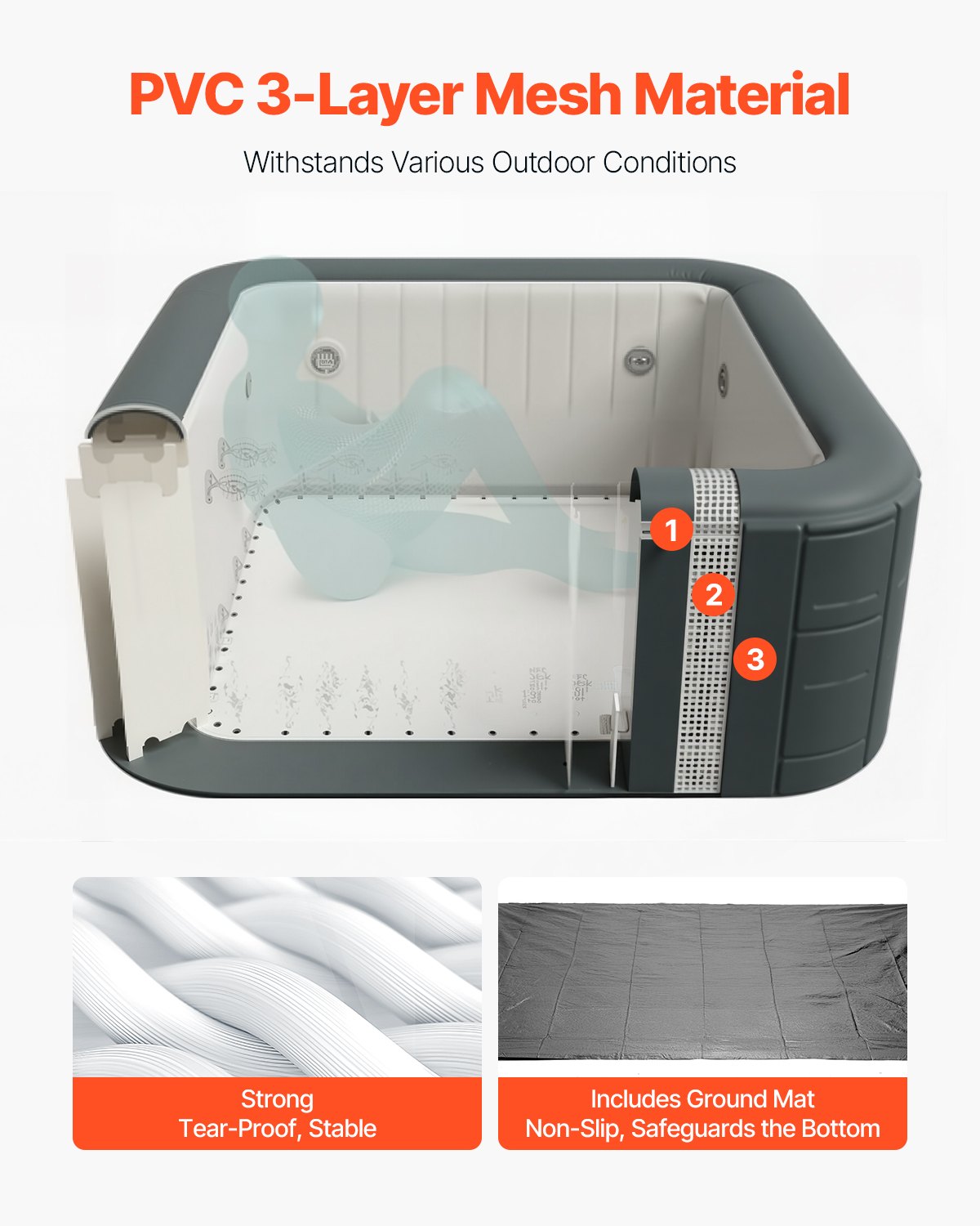 VEVOR Inflatable Hot Tub, 4 to 6 Person Capacity, 1850 x 660mm Square Portable Outdoor Spa, with 130 Soothing Jets, Filter, Cover and Mat, Multi-function Control Panel, PVC Outdoor Hot Tub, Grey