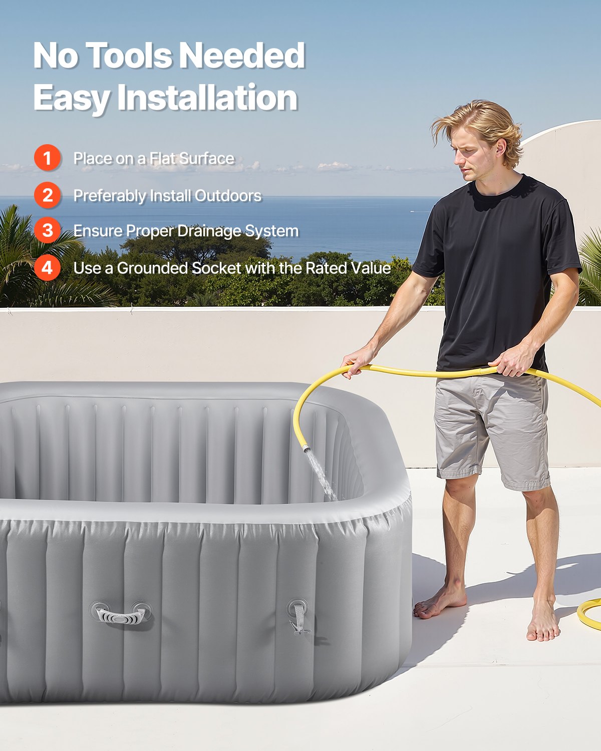 VEVOR Inflatable Hot Tub, 4 to 6 Person Capacity, 1850 x 660mm Square Portable Outdoor Spa, with 130 Soothing Jets, Filter, Cover and Mat, Multi-function Control Panel, PVC Outdoor Hot Tub, Grey