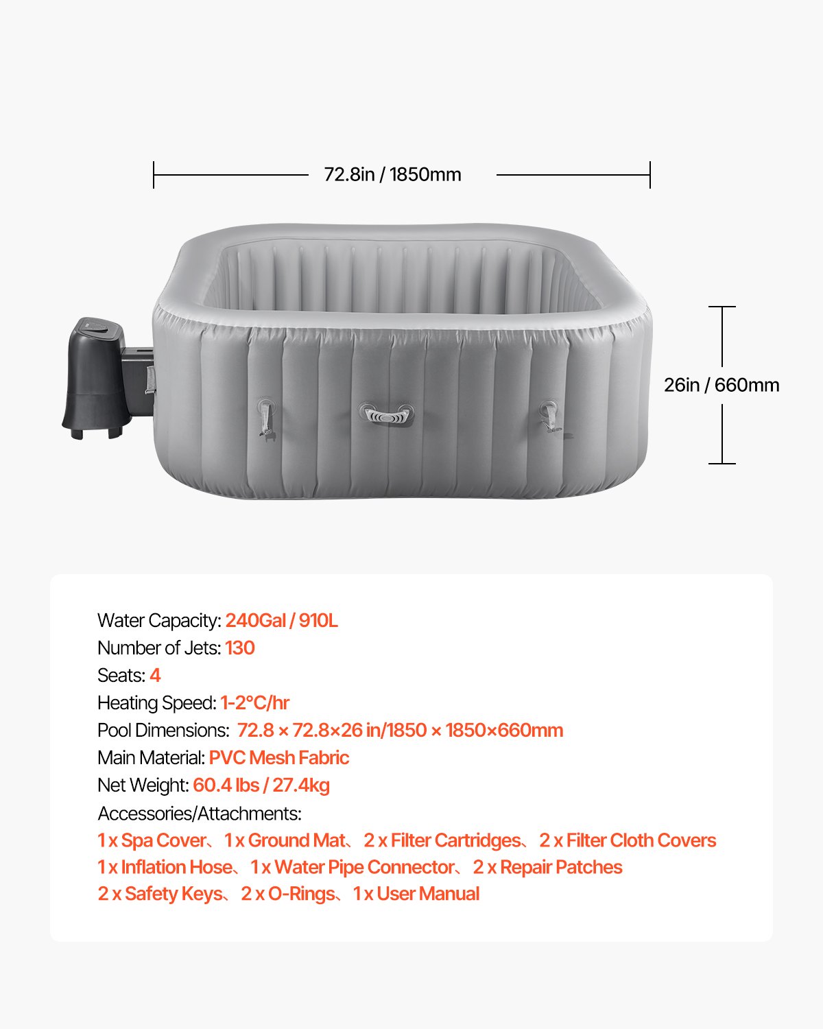 VEVOR Inflatable Hot Tub, 4 to 6 Person Capacity, 1850 x 660mm Square Portable Outdoor Spa, with 130 Soothing Jets, Filter, Cover and Mat, Multi-function Control Panel, PVC Outdoor Hot Tub, Grey