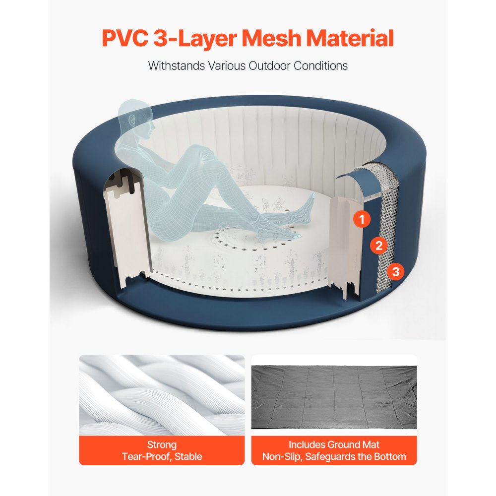 VEVOR Opblaasbaar bad voor 4 tot 6 personen (208 x 66 cm), rond en draagbaar, met 130 rustgevende jets, hoofdsteun, led-lampje, afdekking en multifunctioneel bedieningspaneel, PVC spabad buiten