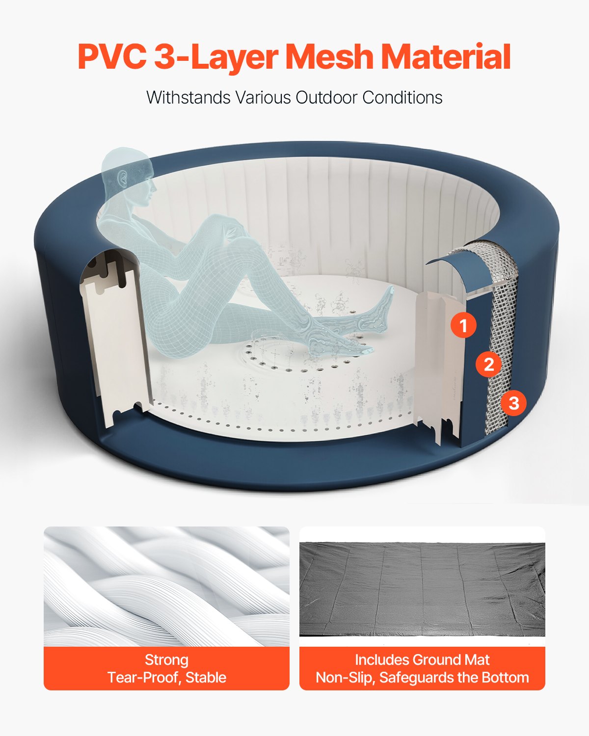 VEVOR Inflatable Hot Tub, 6 to 8 Person Capacity, 2400 x 660mm Round Portable Outdoor Spa, with 130 Soothing Jets, Headrest, LED Light, Cover, Multi-function Control Panel, PVC Outdoor Hot Tub, Grey