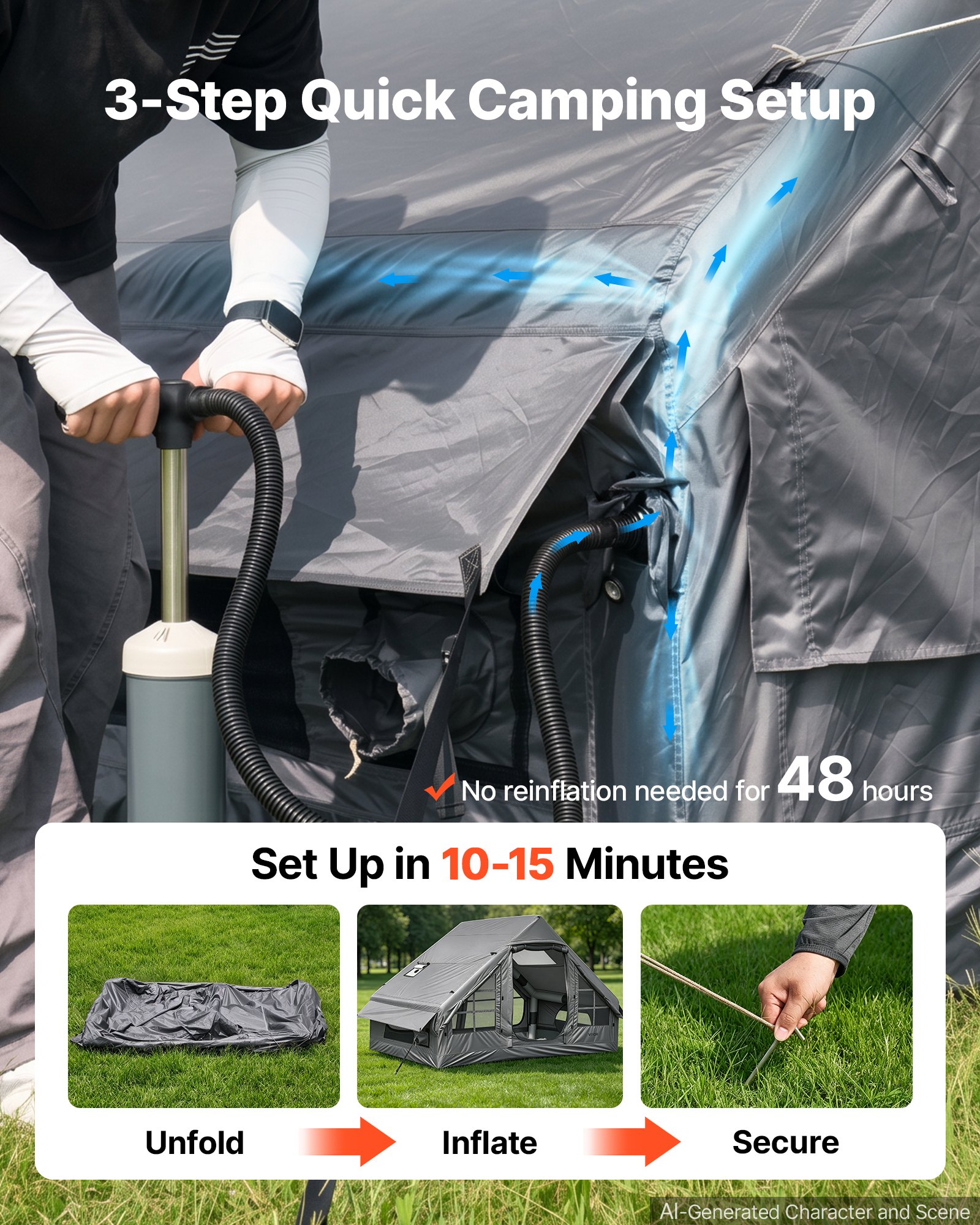 VEVOR Opblaasbare Tent Campingtent Luchttent 2-4 Personen met Pomp Grijs, voor Buitenactiviteiten Waterafstotend 420D Oxford Stof Dakraam Kachelpijp Opening Gaasraam & Draagtas
