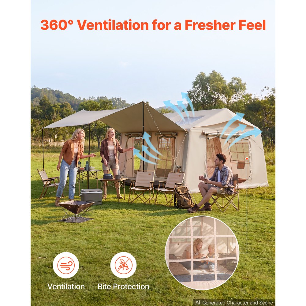 VEVOR Opblaasbare Tent, Luchttent voor 5-8 Personen met Pomp & Zonnescherm, Beige, voor Buitenactiviteiten, Waterafstotend 420D Oxford-doek met Dakraam, Schoorsteenopening & Gaasraam, Windbestendig
