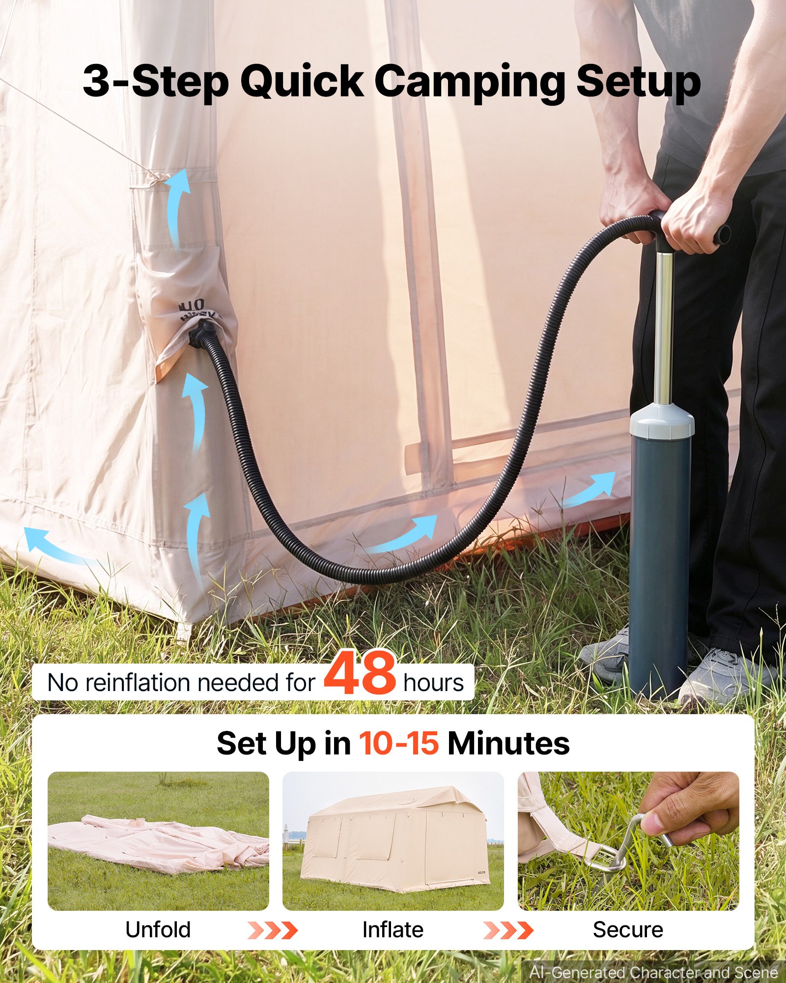 VEVOR Opblaasbare Tent, Luchttent voor 5-8 Personen met Pomp & Zonnescherm, Beige, voor Buitenactiviteiten, Waterafstotend 420D Oxford-doek met Dakraam, Schoorsteenopening & Gaasraam, Windbestendig