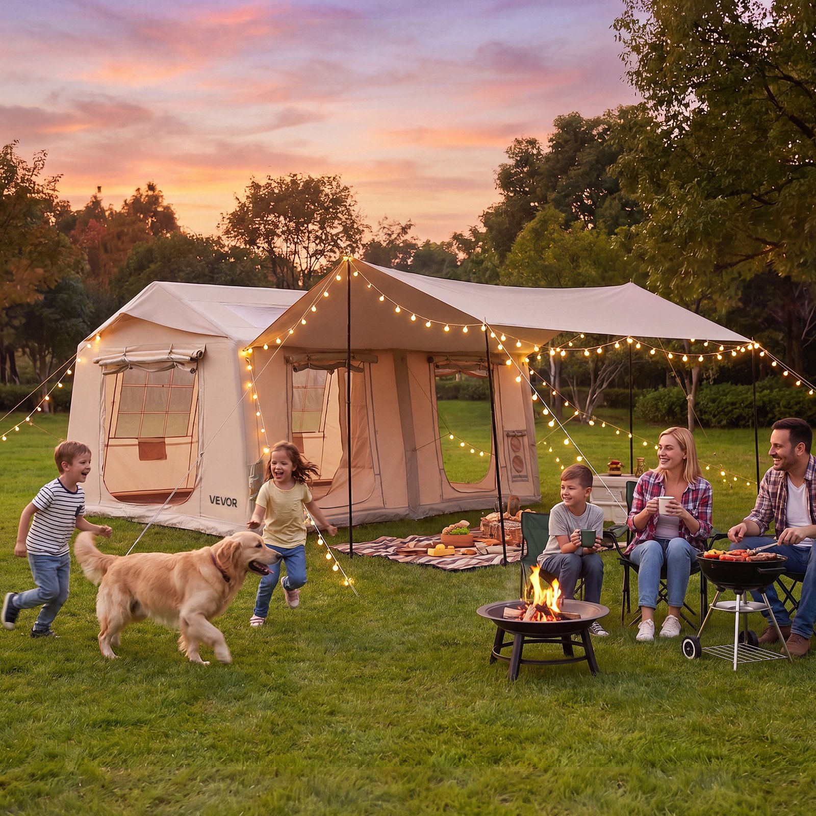 VEVOR Opblaasbare Tent, Luchttent voor 5-8 Personen met Pomp & Zonnescherm, Beige, voor Buitenactiviteiten, Waterafstotend 420D Oxford-doek met Dakraam, Schoorsteenopening & Gaasraam, Windbestendig