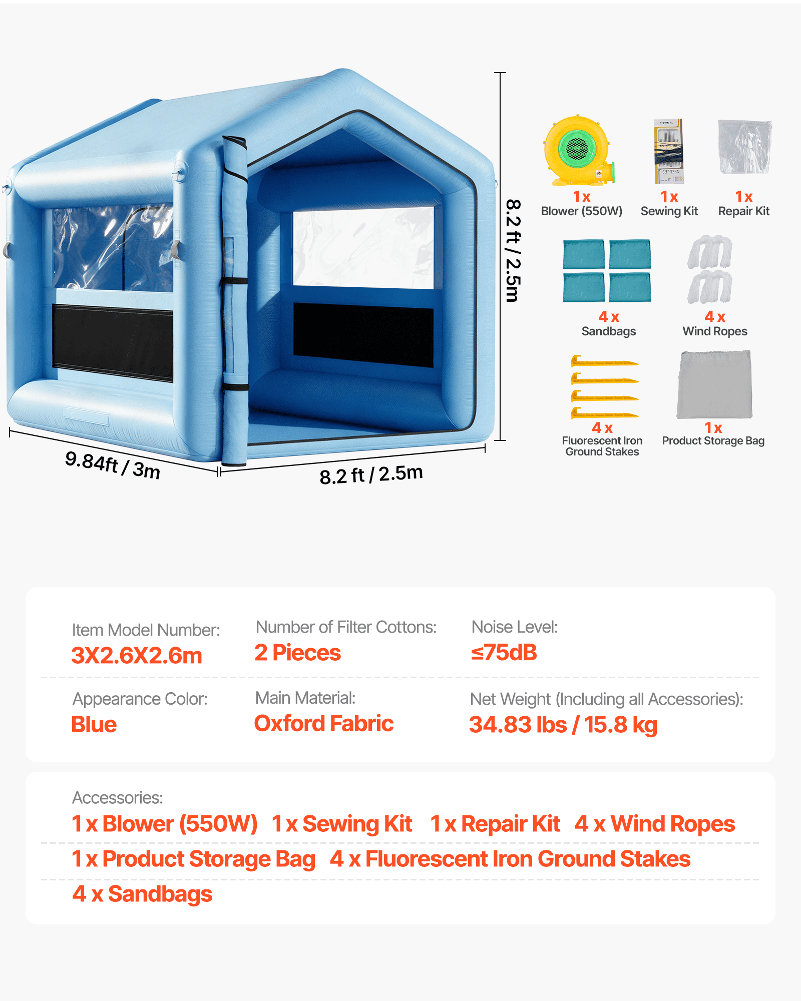 VEVOR Inflatable Paint Booth, 3 x 2.5 x 2.5 m, Inflatable Spray Booth with 550W Powerful Blower and Air Filter System, Triangular Roof, for Painting Bicycle, Motorcycle, Automotive Sheet Metal