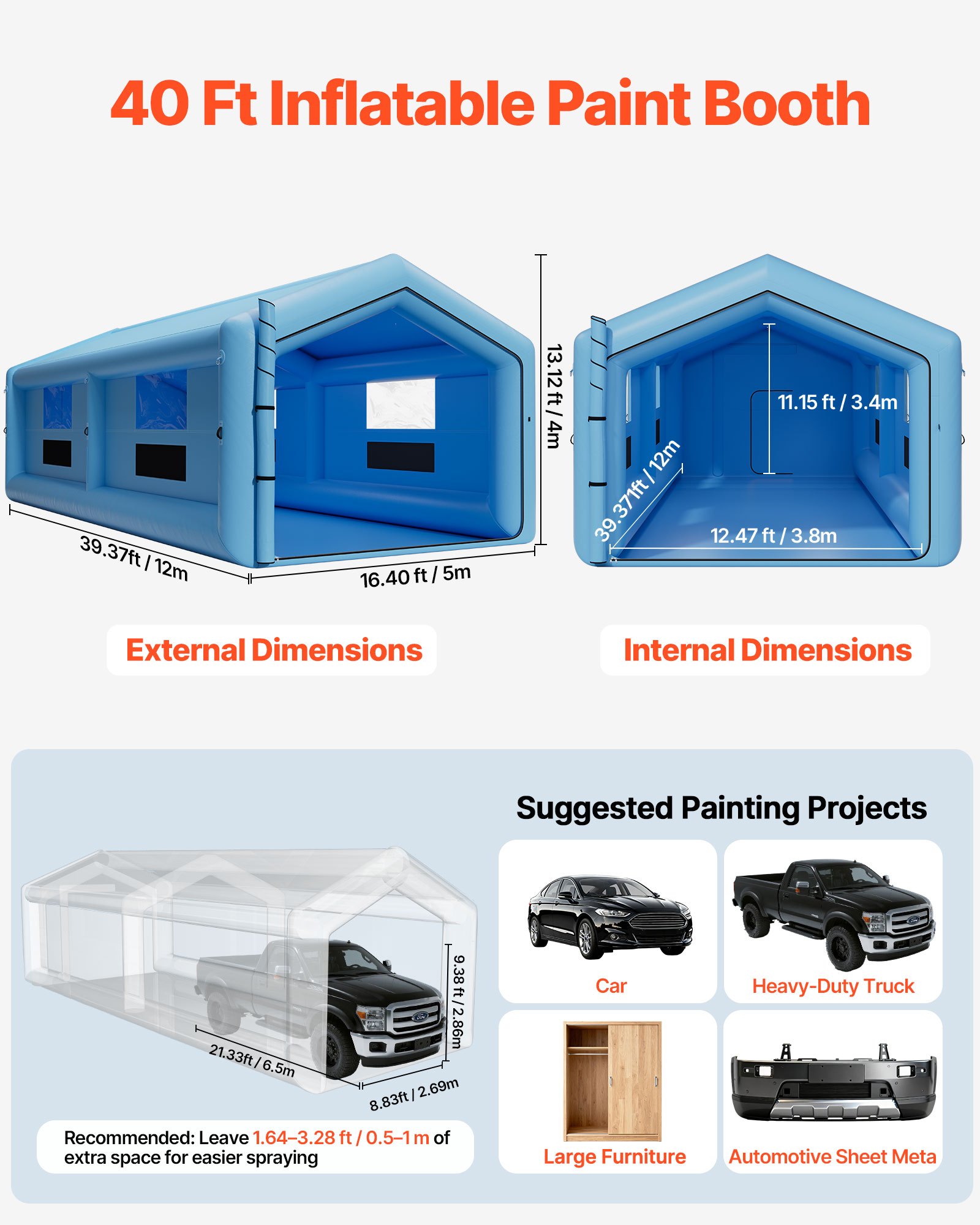VEVOR Opblaasbare Spuitcabine 12x5x4 m, Spuitcabine Tent met 950+1100 W Blower & Luchtfiltersysteem, Driehoekig Dak, Oxford Stof, Spuitverven voor Metalen Onderdelen van Motorvoertuigen