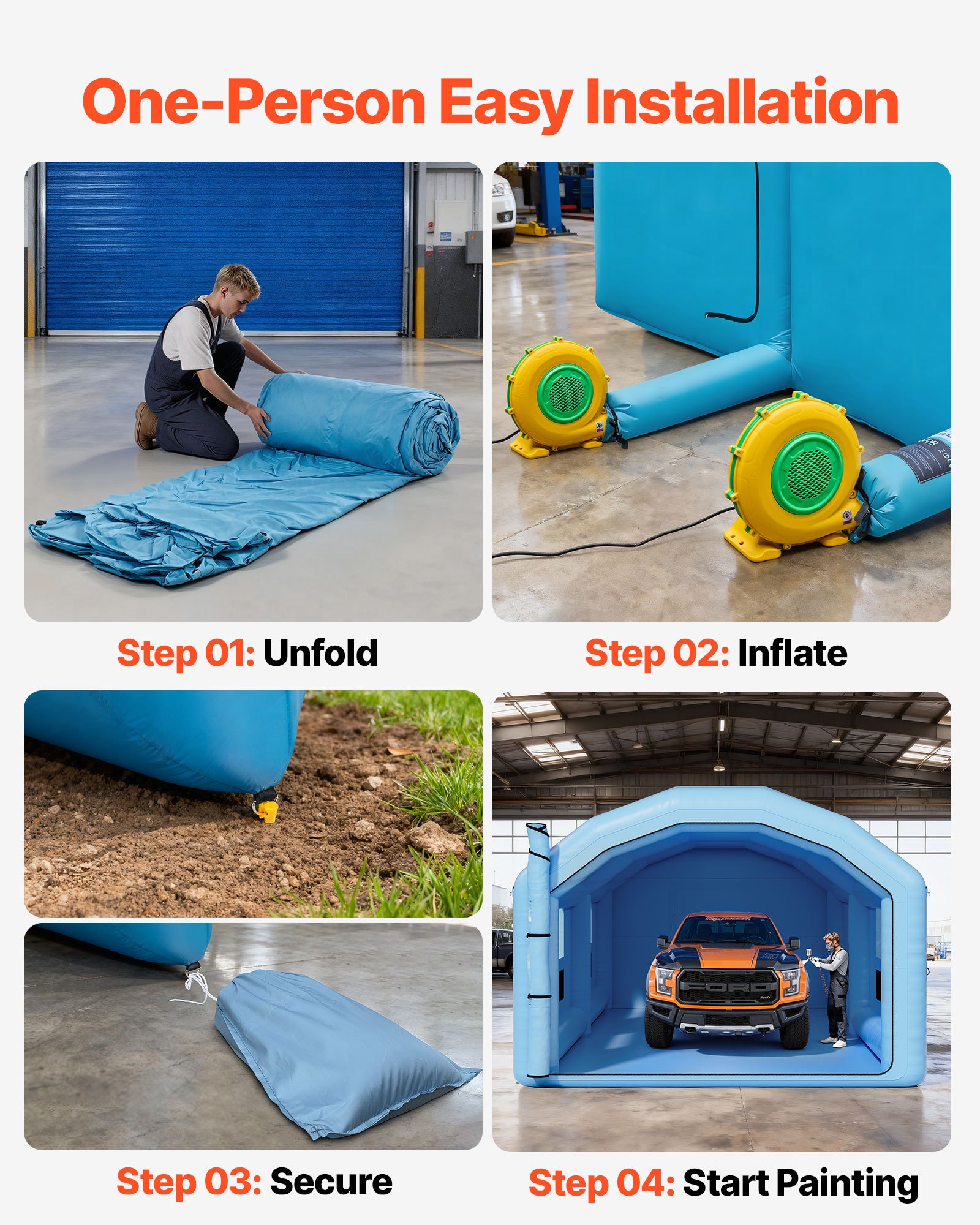 VEVOR opblaasbare spuitcabine, spuitcabine 10 x 6 x 4 m, spuitcabinetent met 950 W en 1100 W blowers en luchtfiltersysteem, rond dak, Oxford-doek, spuiten voor metalen auto-onderdelen