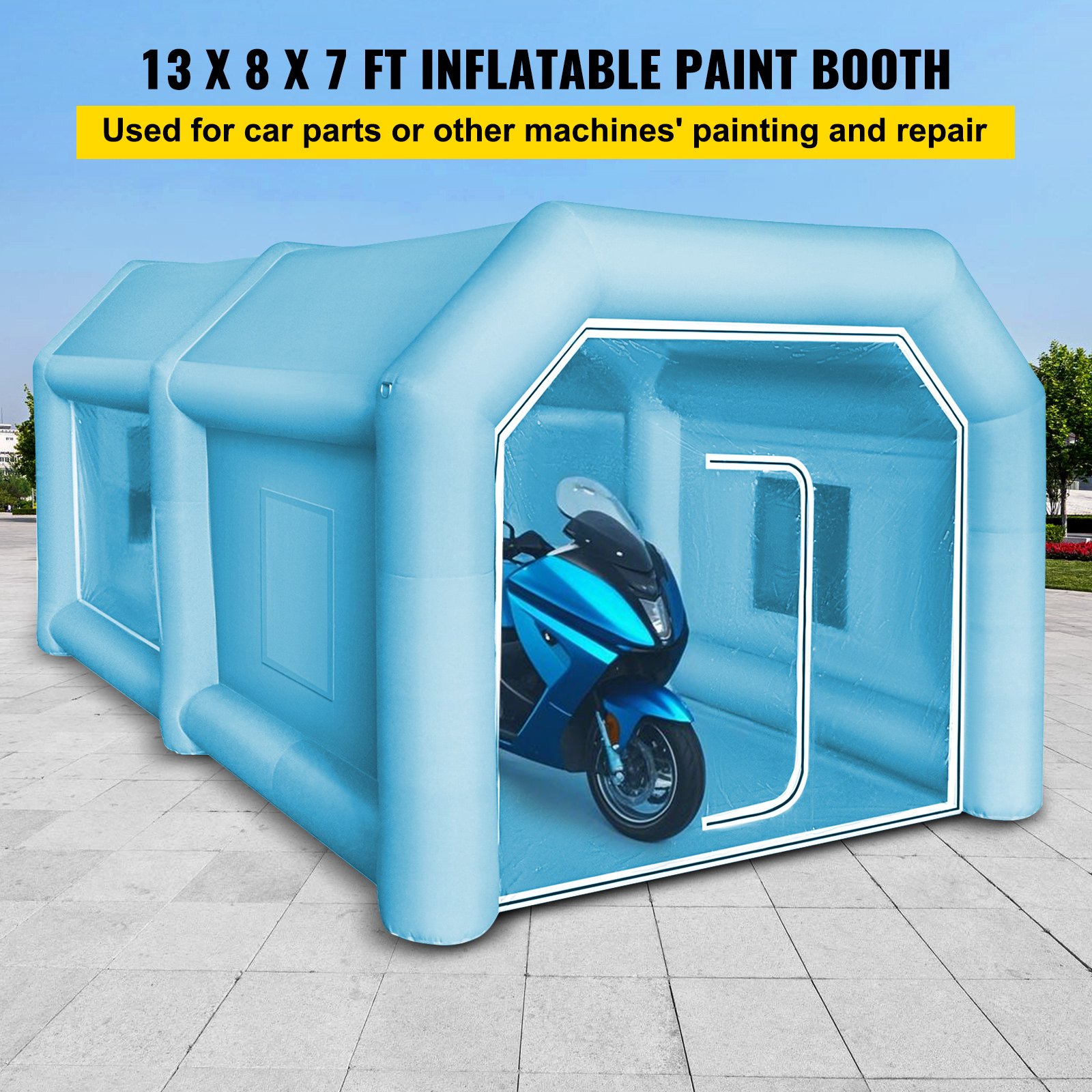 VEVOR Opblaasbare Spuitcabine Tent Op Maat Gemaakte, Opblaasbare Spuitcabine Tent 750W + 350W Autospuitcabine Werkstation 210D Oxford Stof met 2 Blowers 4 x 2,5 x 2,2m Blauwe Auto Parkeergarage