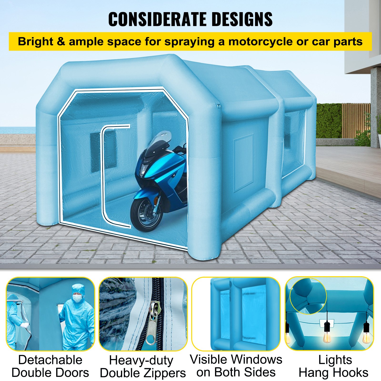 VEVOR Opblaasbare Spuitcabine Tent Op Maat Gemaakte, Opblaasbare Spuitcabine Tent 750W + 350W Autospuitcabine Werkstation 210D Oxford Stof met 2 Blowers 4 x 2,5 x 2,2m Blauwe Auto Parkeergarage