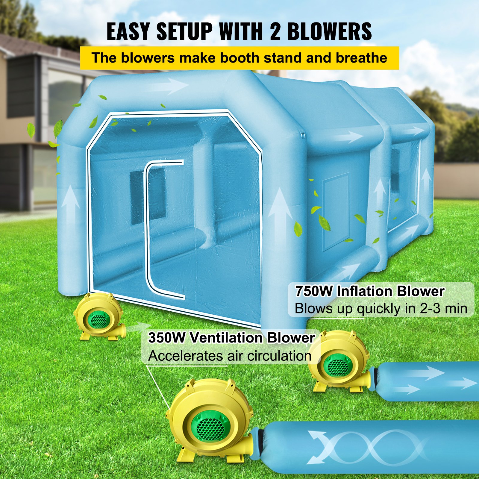 VEVOR Opblaasbare Spuitcabine Tent Op Maat Gemaakte, Opblaasbare Spuitcabine Tent 750W + 350W Autospuitcabine Werkstation 210D Oxford Stof met 2 Blowers 4 x 2,5 x 2,2m Blauwe Auto Parkeergarage