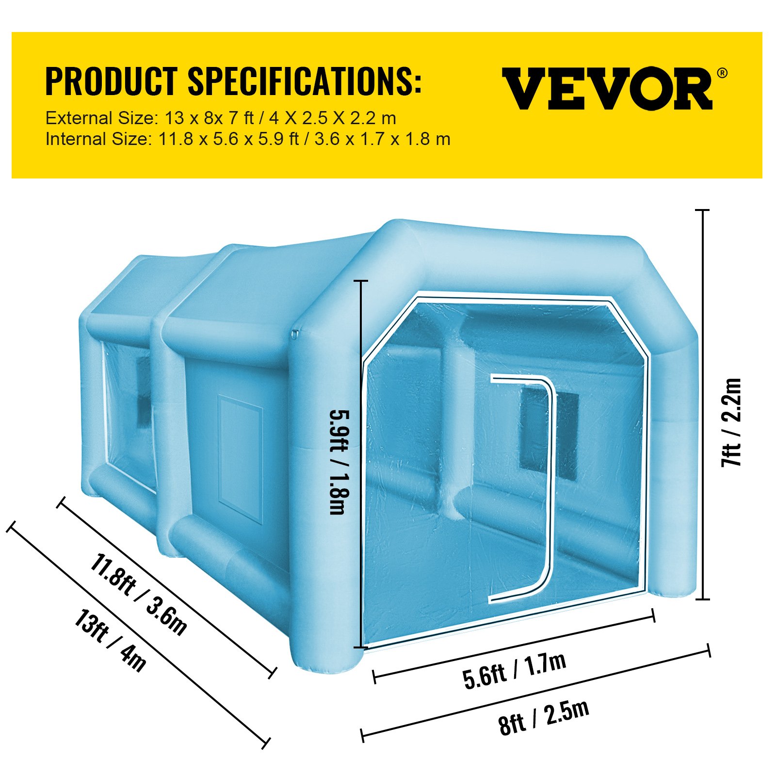 VEVOR Opblaasbare Spuitcabine Tent Op Maat Gemaakte, Opblaasbare Spuitcabine Tent 750W + 350W Autospuitcabine Werkstation 210D Oxford Stof met 2 Blowers 4 x 2,5 x 2,2m Blauwe Auto Parkeergarage