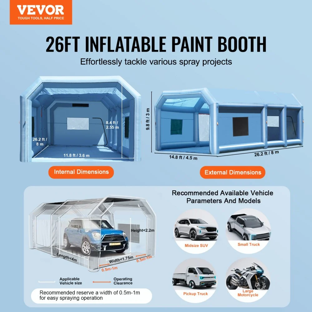 VEVOR Opblaasbare Spuitcabine, 8 x 4,5 x 3 m Opblaasbare Spuitcabine, met 950W + 750W Krachtige Blowers en Luchtfiltersysteem, Draagbare Autospuitcabine voor Motorfietsen, Middelgrote SUV's