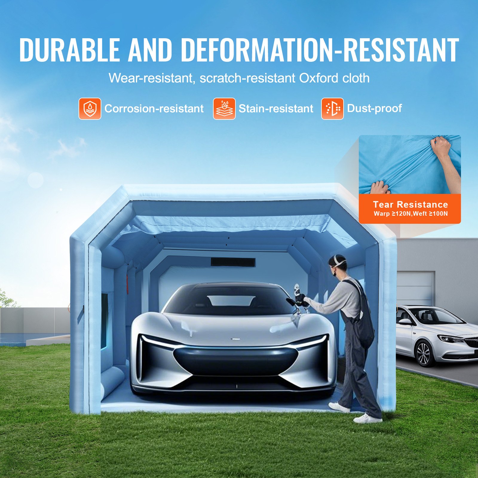 VEVOR Opblaasbare Spuitcabine, 8 x 4,5 x 3 m Opblaasbare Spuitcabine, met 950W + 750W Krachtige Blowers en Luchtfiltersysteem, Draagbare Autospuitcabine voor Motorfietsen, Middelgrote SUV's