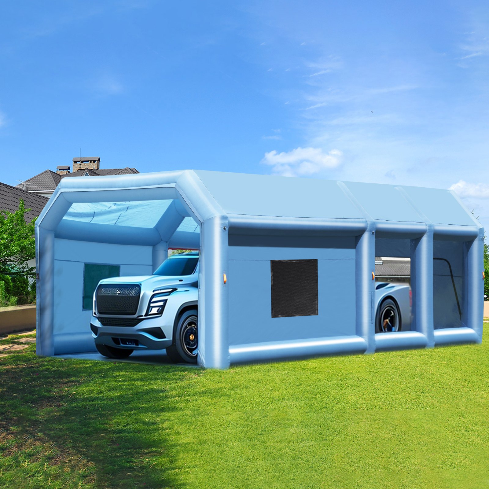 VEVOR Opblaasbare Spuitcabine, 9 x 4,8 x 3,6 m, Opblaasbare Spuitcabine, met 950W + 750W krachtige blowers en luchtfiltersysteem, Draagbare Autospuitcabine voor Grote Vrachtwagens