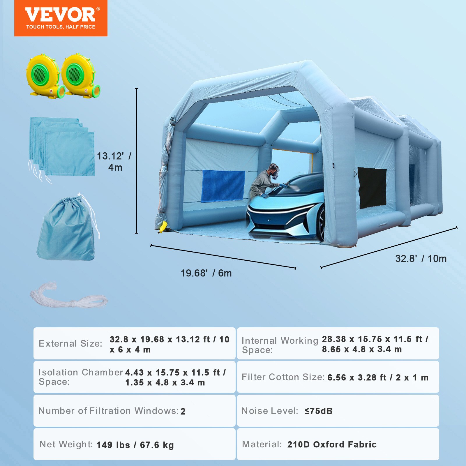 VEVOR Draagbare opblaasbare verfspuitcabine 1100 + 950 W, 10 x 6 x 4 m spuitbeschermingscabine voor doe-het-zelfprojecten, hobbyverfmachine, blauwe 210D Oxford-stof autospuitcabine