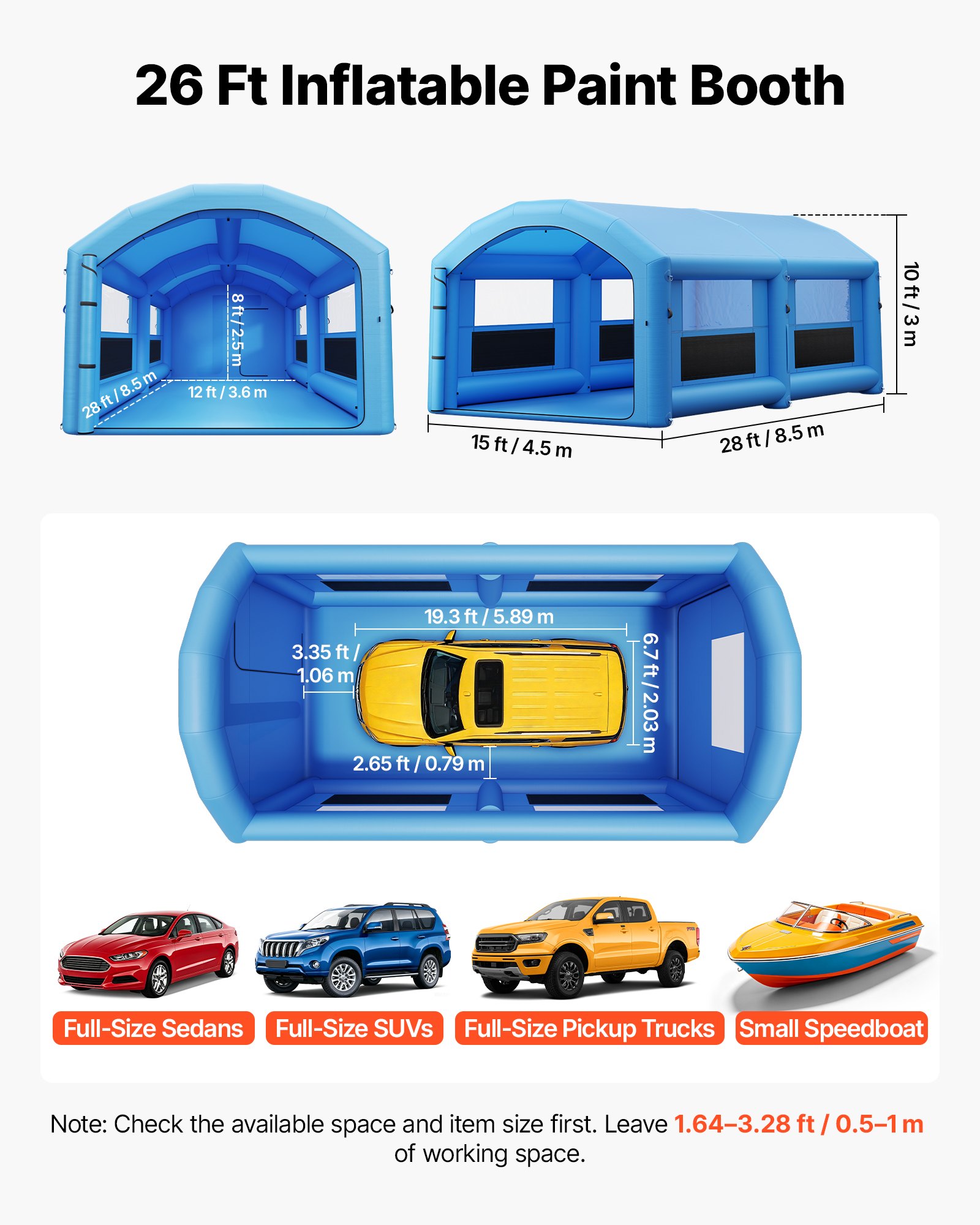 VEVOR Opblaasbare Spuitcabine 8x4,5x3 m Spuitcabine Tent Blauw, met 750W & 950W Blowers, Actieve Koolstoffiltratie, Gebogen Dak voor Pick-ups & Kleine Speedboten, Draagbaar