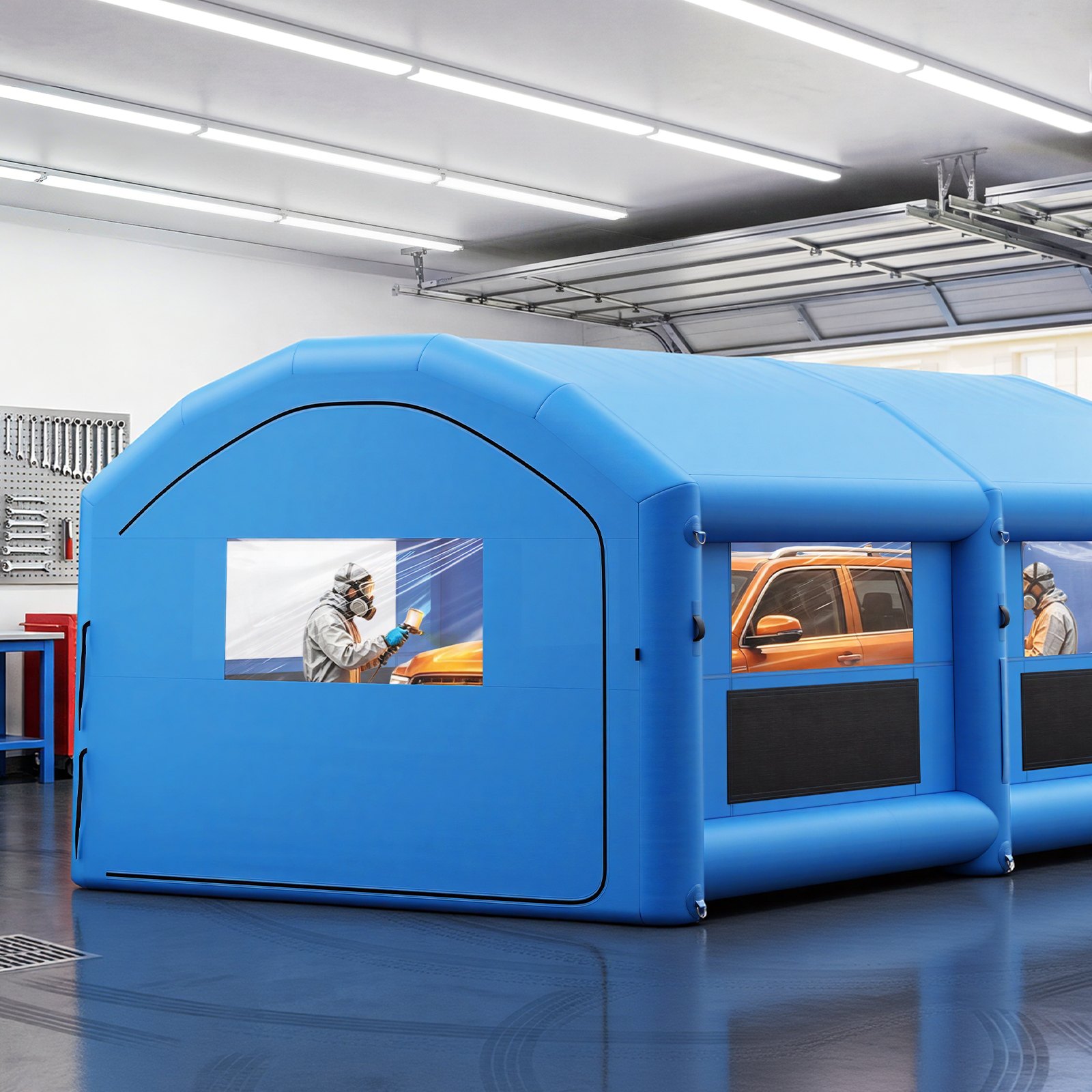 VEVOR Opblaasbare Spuitcabine 8x4,5x3 m Spuitcabine Tent Blauw, met 750W & 950W Blowers, Actieve Koolstoffiltratie, Gebogen Dak voor Pick-ups & Kleine Speedboten, Draagbaar