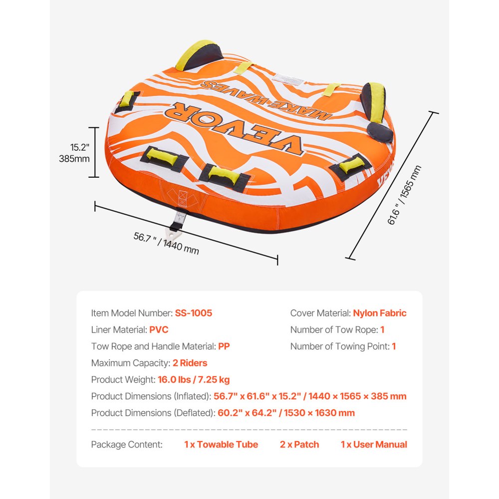 VEVOR Towable Tubes for Boating, 1-2 Riders Inflatable Towable Tube for Boat to Pull, 340lbs Capacity Boat Tubes and Towables for Water Sports - with Fins, Double-Stitched Nylon Cover & Padded Handles