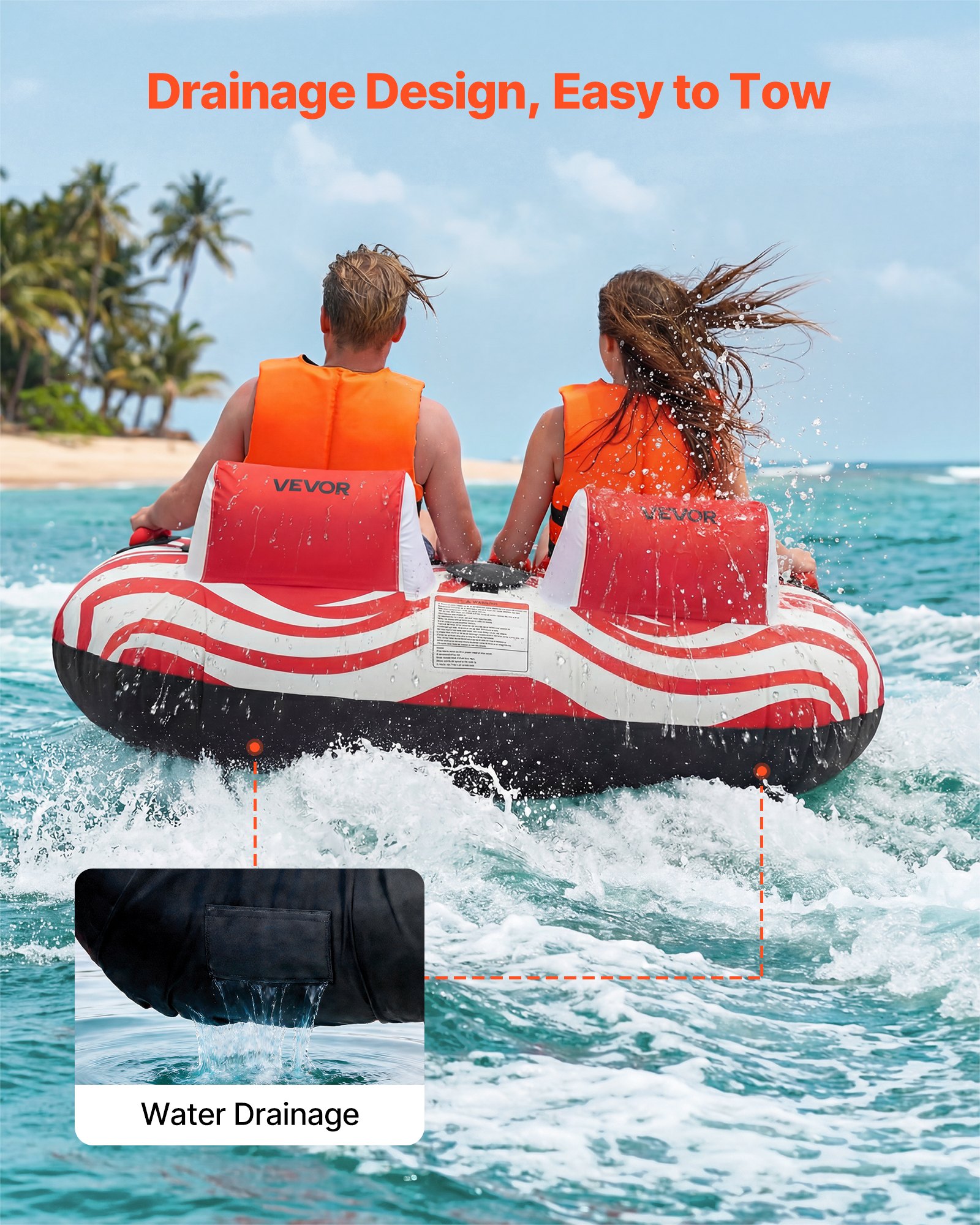 VEVOR Sleepband voor boten, watersport sleepband voor 2 personen, tot 154 kg draagvermogen, met volledige nylon hoes, gewatteerde handgrepen en veiligheidsventiel, voor meren en rivieren, rood