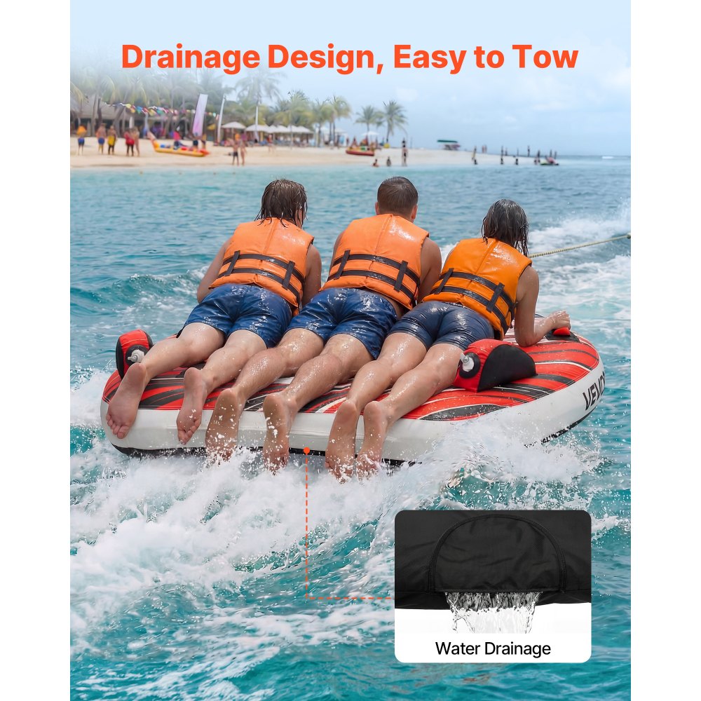 VEVOR Sleepband voor boten, watersport sleepband voor 3 personen, tot 231 kg draagvermogen, met vinnen, nylon hoes, gewatteerde handgrepen en veiligheidsventiel, voor meren, rivieren en zeeën, rood