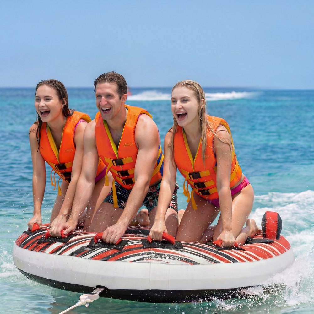 VEVOR Sleepband voor boten, watersport sleepband voor 3 personen, tot 231 kg draagvermogen, met vinnen, nylon hoes, gewatteerde handgrepen en veiligheidsventiel, voor meren, rivieren en zeeën, rood