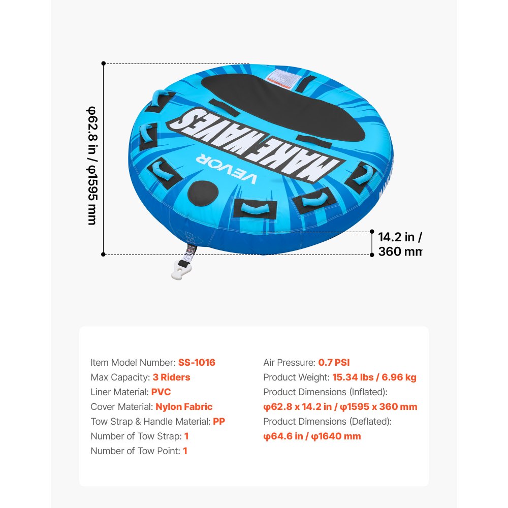 VEVOR Sleepband voor boten, watersport sleepband voor 3 personen, tot 231 kg draagvermogen, met antislipkussens, nylon hoes, gewatteerde handgrepen en veiligheidsventiel, voor meren en rivieren, blauw