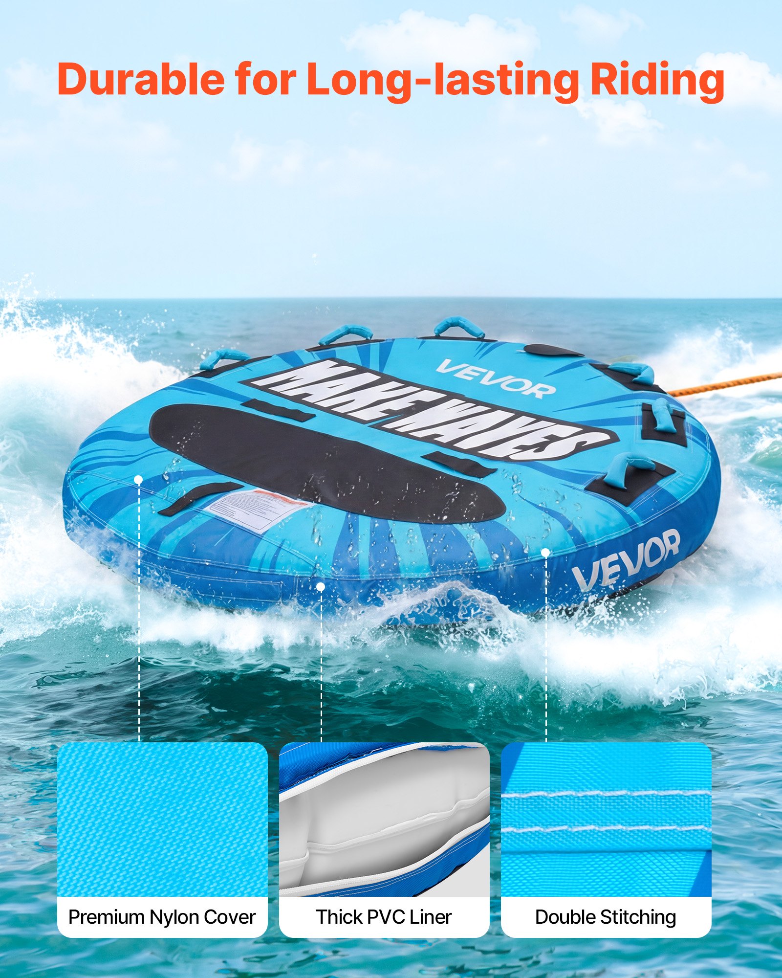 VEVOR Sleepband voor boten, watersport sleepband voor 3 personen, tot 231 kg draagvermogen, met antislipkussens, nylon hoes, gewatteerde handgrepen en veiligheidsventiel, voor meren en rivieren, blauw