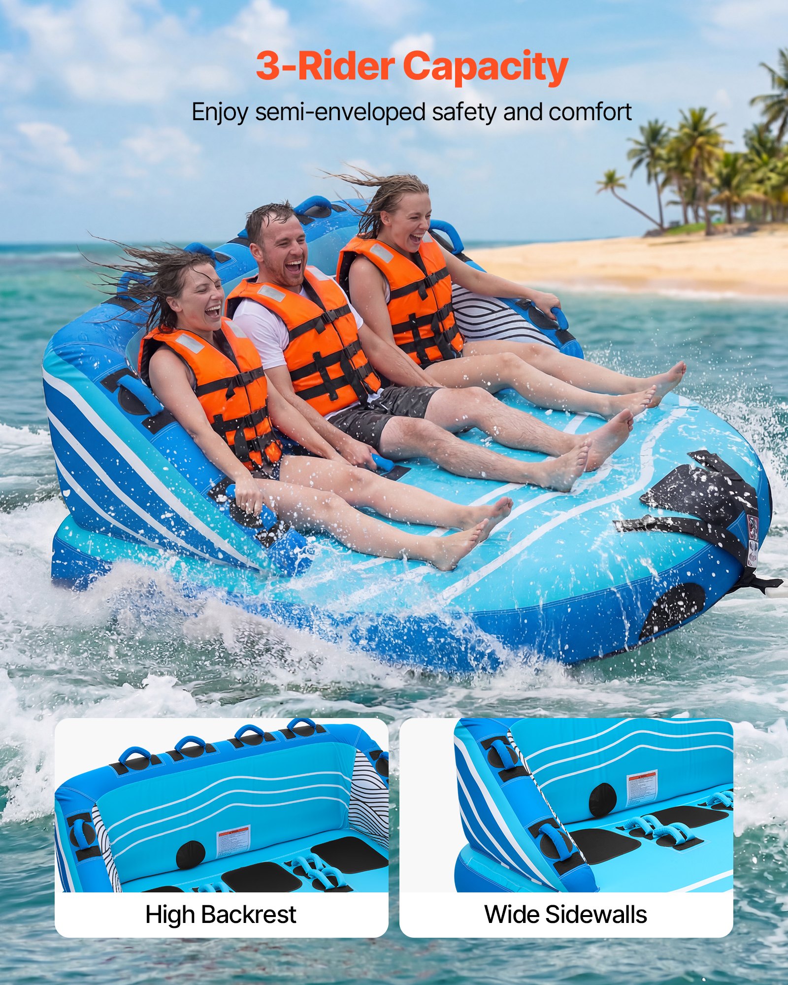 VEVOR Sleepband voor boten, watersport sleepband voor 3 personen, tot 231 kg draagvermogen, met 2 sleepogen, nylon hoes, gewatteerde handgrepen en veiligheidsventiel, voor meren en rivieren, blauw
