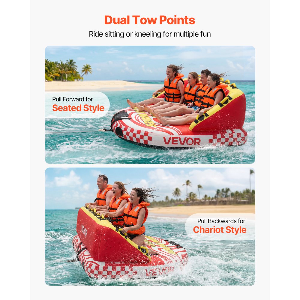 VEVOR Sleepband voor boten, watersport sleepband voor 4 personen, tot 308 kg draagvermogen, met 2 sleepogen, nylon hoes, gewatteerde handgrepen en veiligheidsventiel, voor meren en rivieren, rood