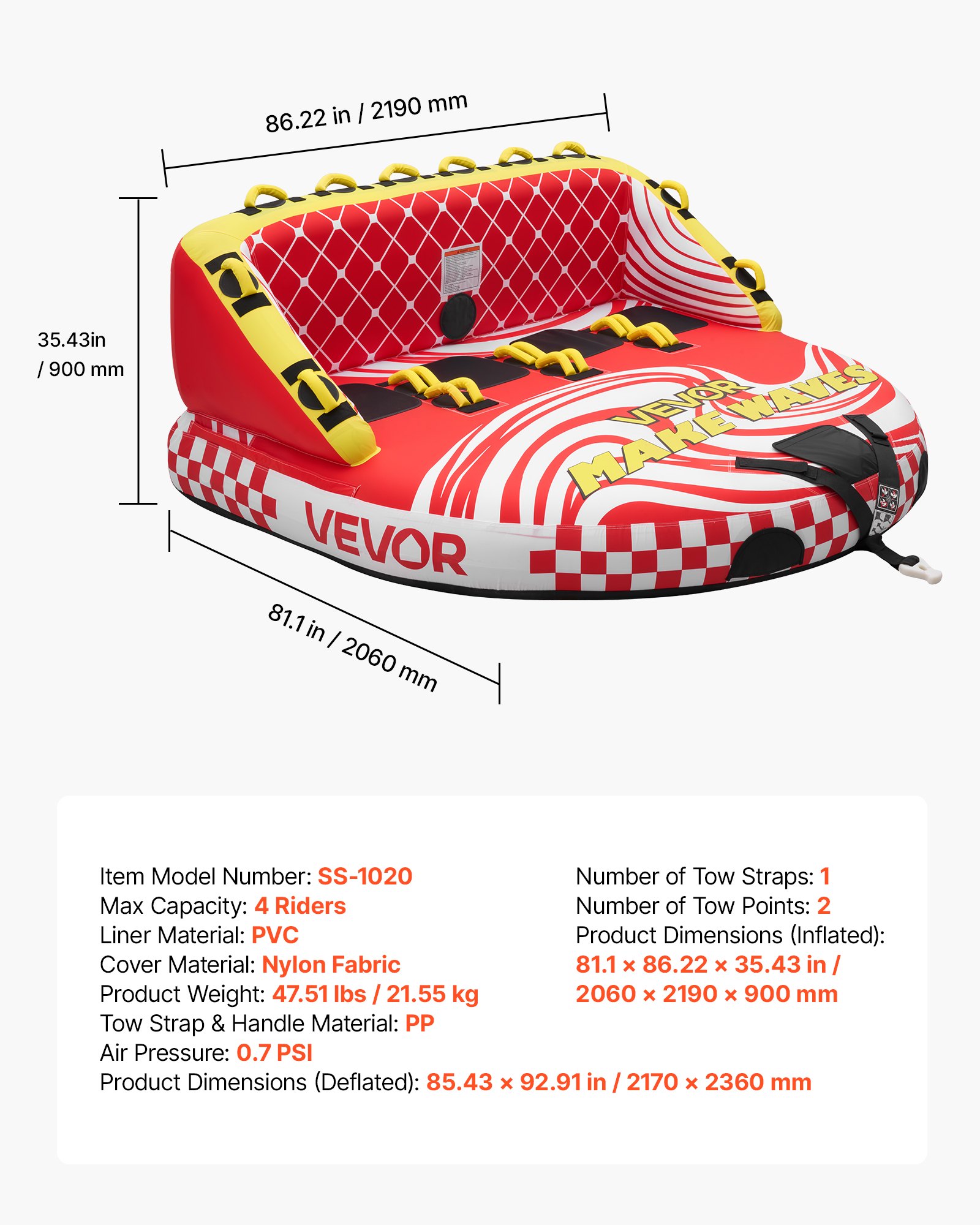 VEVOR Sleepband voor boten, watersport sleepband voor 4 personen, tot 308 kg draagvermogen, met 2 sleepogen, nylon hoes, gewatteerde handgrepen en veiligheidsventiel, voor meren en rivieren, rood