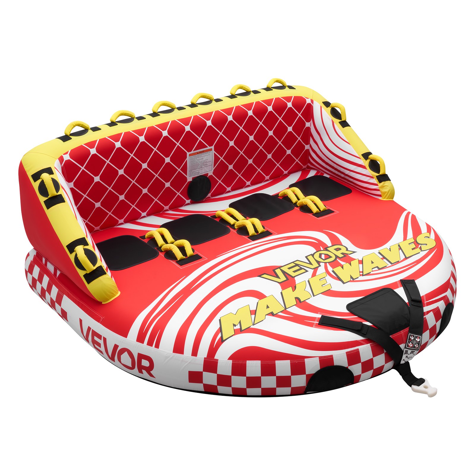 VEVOR Sleepband voor boten, watersport sleepband voor 4 personen, tot 308 kg draagvermogen, met 2 sleepogen, nylon hoes, gewatteerde handgrepen en veiligheidsventiel, voor meren en rivieren, rood