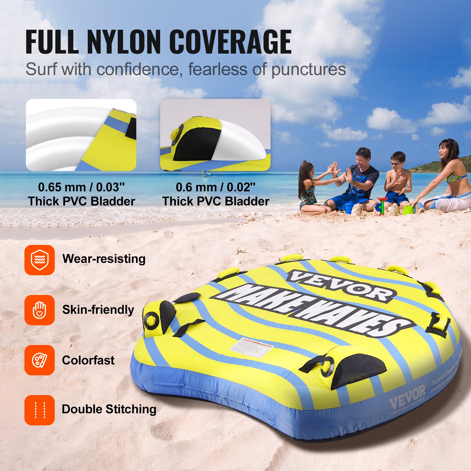 VEVOR Sleepband voor boten, opblaasbare sleepband voor 1-3 personen met stootrandvinnen, 510 lbs watersport sleepbanden voor het trekken van boten, volledige nylon hoes