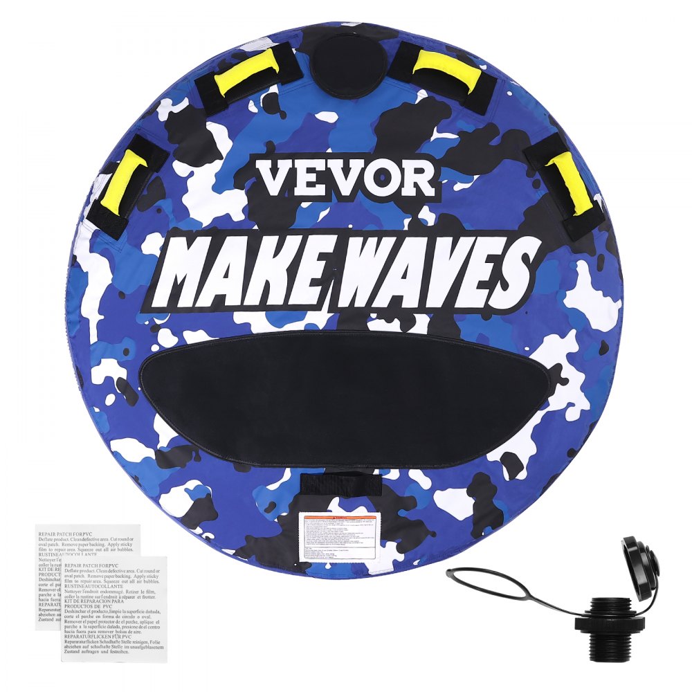 VEVOR towable tube with blue camo design, yellow handles, and "make waves" text.