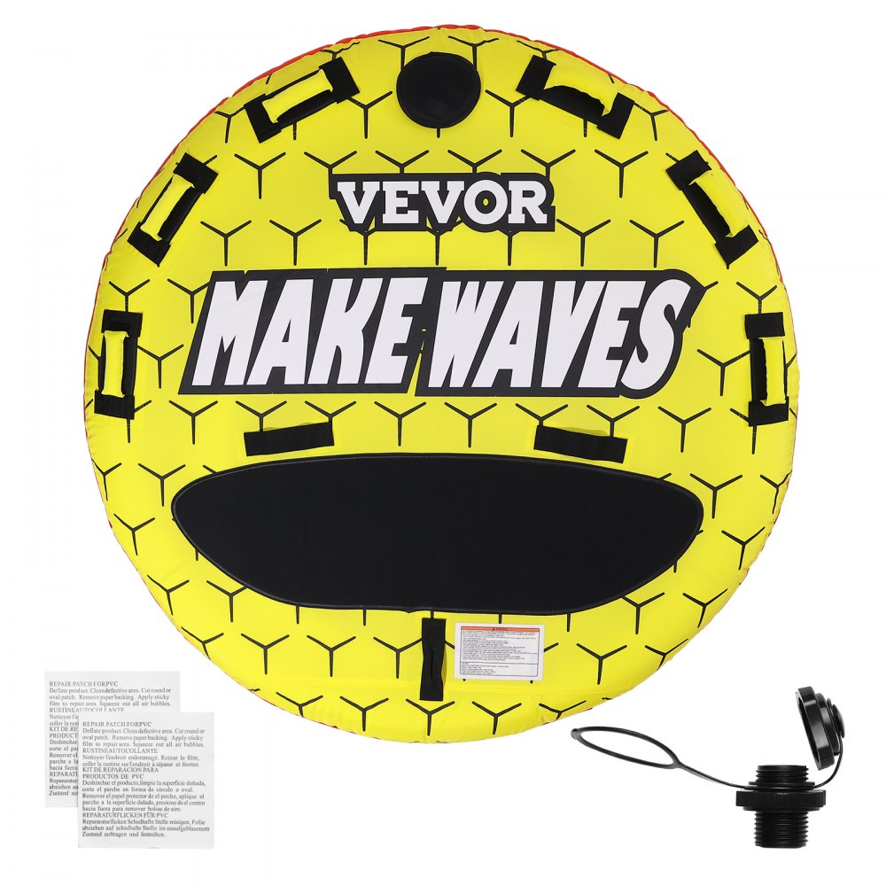 yellow VEVOR towable tube with "make waves" text, black grip handles, and detachable connector.