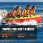 three people enjoying a ride on a VEVOR towable tube in the sea, wearing orange life vests.