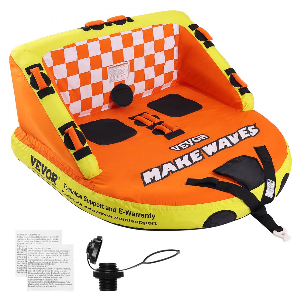 orange and yellow VEVOR towable tube with checkered backrest and straps, "make waves" printed on seat.