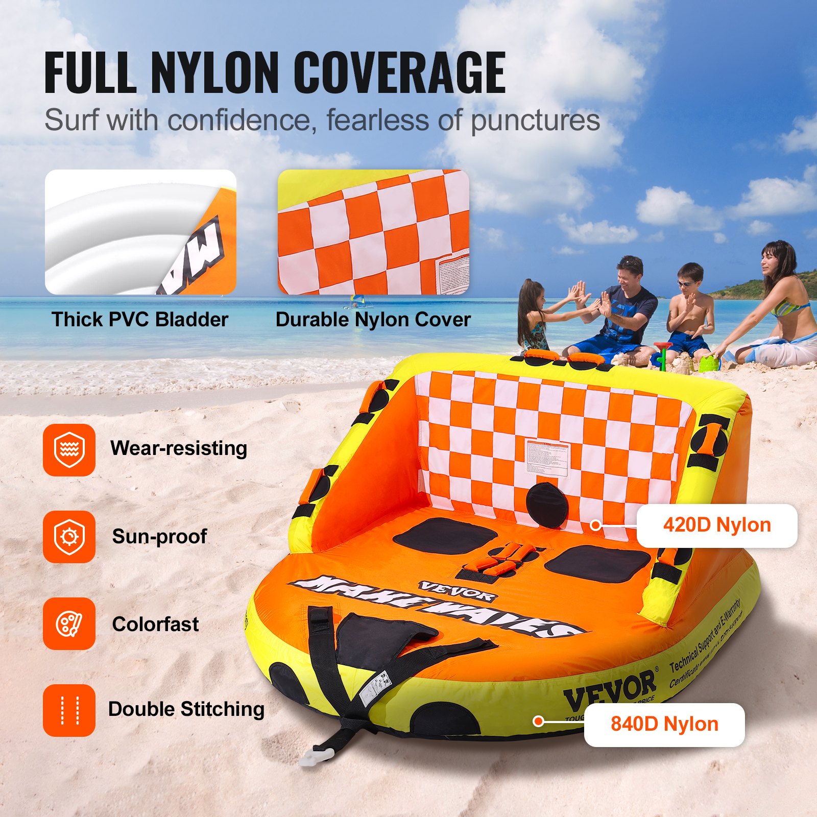 VEVOR Sleepbare boottube, opblaasbare sleeptube voor 1-2 personen met dekstoelen en rugleuning, 155 kg, volledig nylon hoes, EVA-handgrepen
