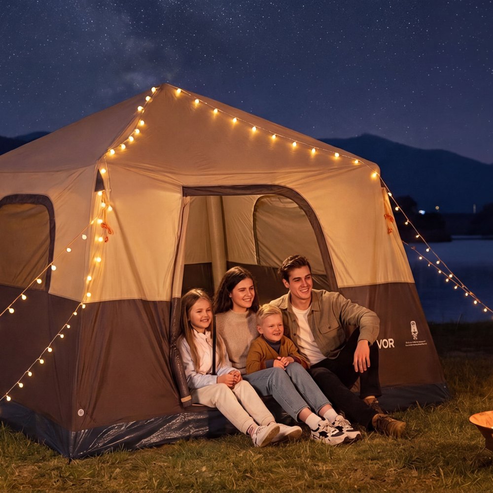 VEVOR Campingtent voor 6 personen, opblaasbare familietent met oplaadbare pomp, TPU-luchtslang en 4 gaasramen, cabinetent met draagtas voor gezinskamperen en wandelen, beige