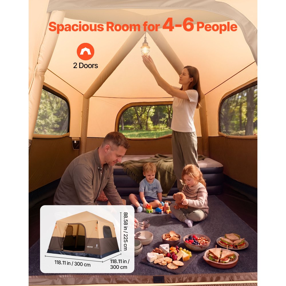 VEVOR Campingtent voor 6 personen, opblaasbare familietent met oplaadbare pomp, TPU-luchtslang en 4 gaasramen, cabinetent met draagtas voor gezinskamperen en wandelen, beige