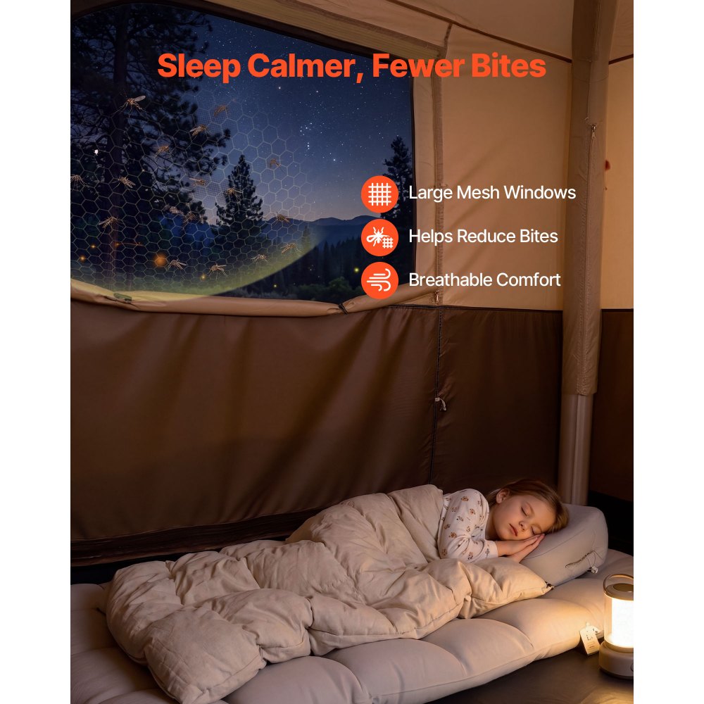 VEVOR Campingtent voor 6 personen, opblaasbare familietent met oplaadbare pomp, TPU-luchtslang en 4 gaasramen, cabinetent met draagtas voor gezinskamperen en wandelen, beige