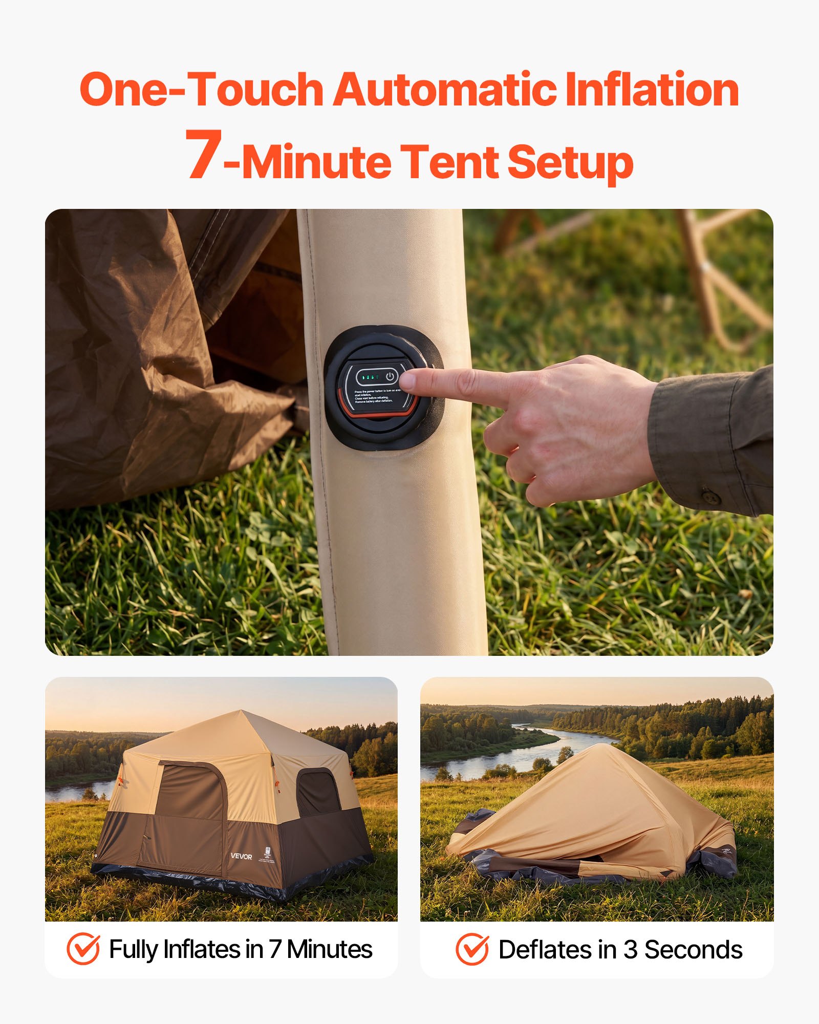 VEVOR Campingtent voor 6 personen, opblaasbare familietent met oplaadbare pomp, TPU-luchtslang en 4 gaasramen, cabinetent met draagtas voor gezinskamperen en wandelen, beige