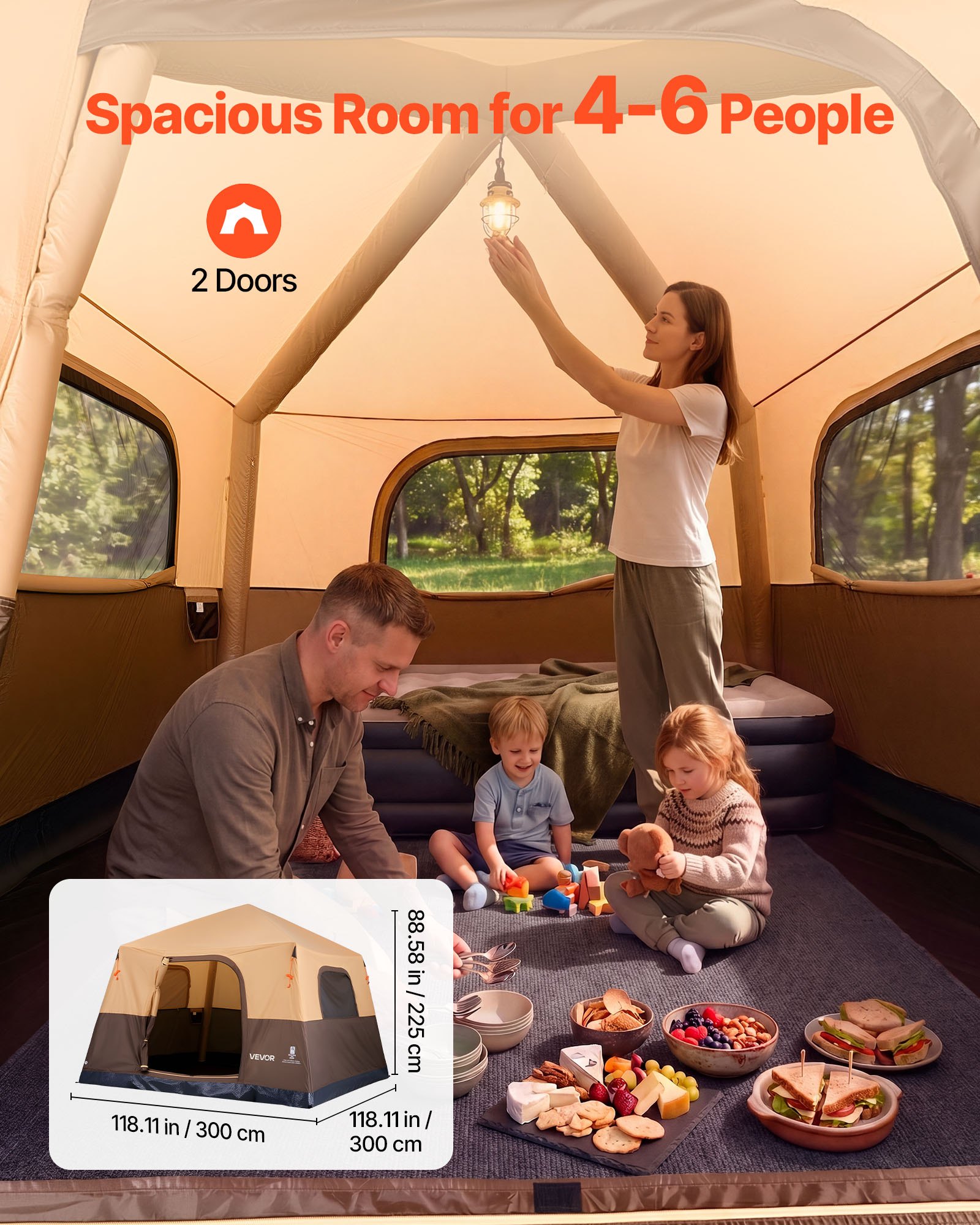 VEVOR Campingtent voor 6 personen, opblaasbare familietent met oplaadbare pomp, TPU-luchtslang en 4 gaasramen, cabinetent met draagtas voor gezinskamperen en wandelen, beige